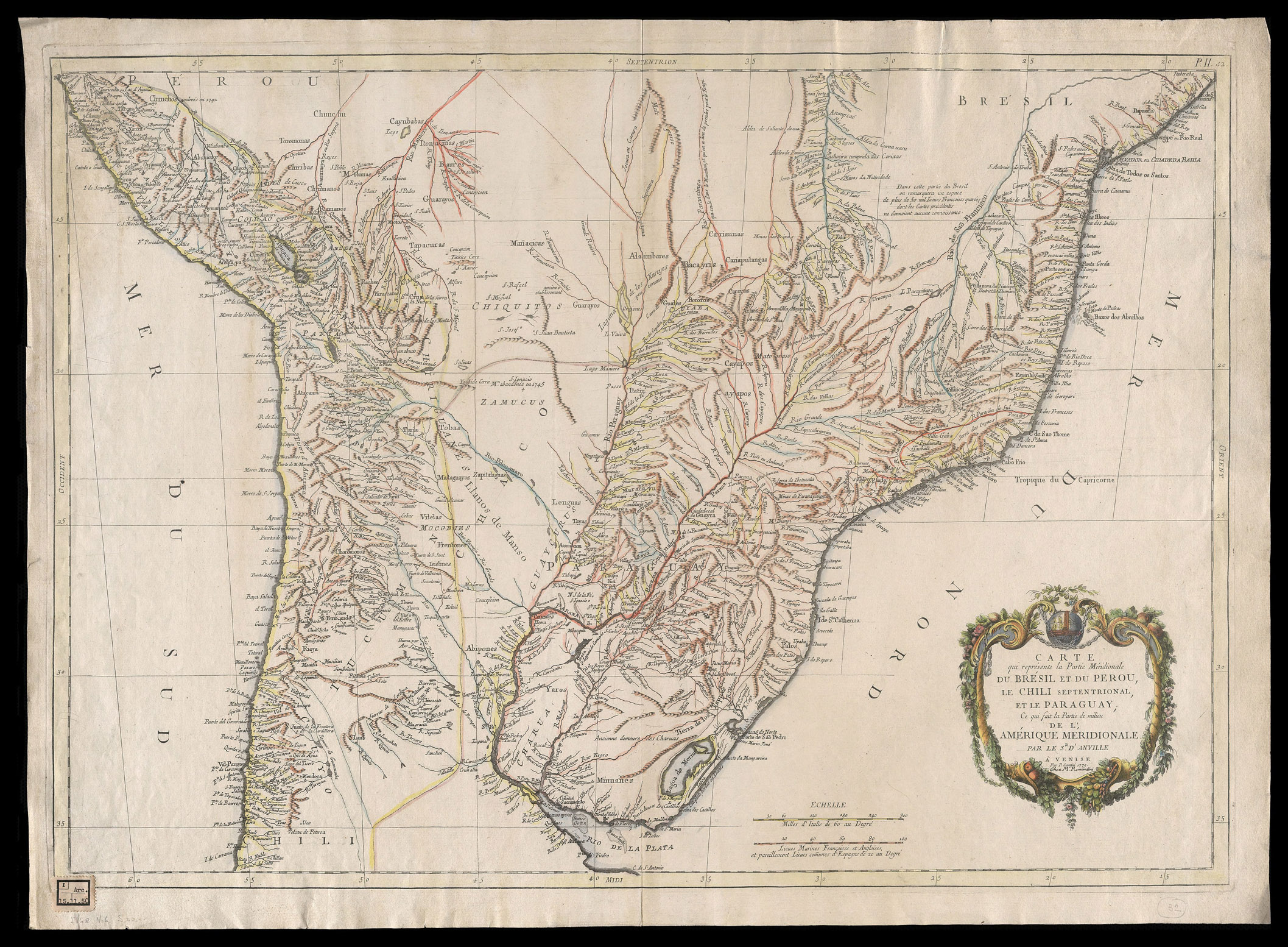 Carte Brésil, Pérou, Chilix, Paraguay. 1779